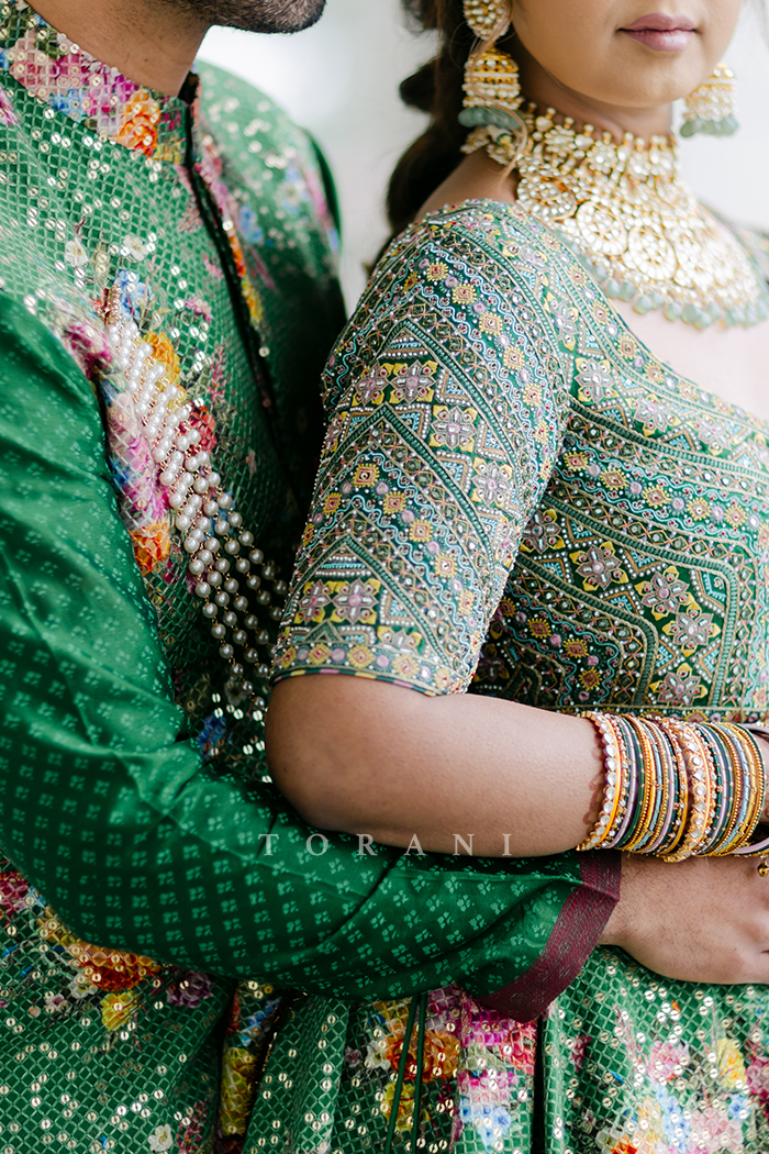 Eva and Sultan in our Custom Panna Lehenga &amp; Bandi Set