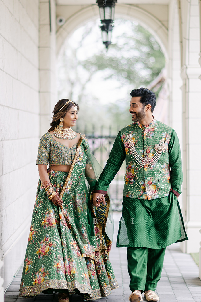 Eva and Sultan in our Custom Panna Lehenga & Bandi Set