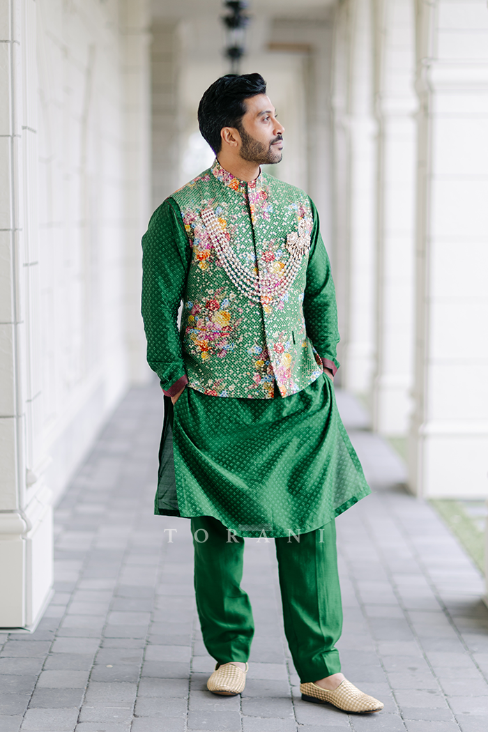 Eva and Sultan in our Custom Panna Lehenga &amp; Bandi Set