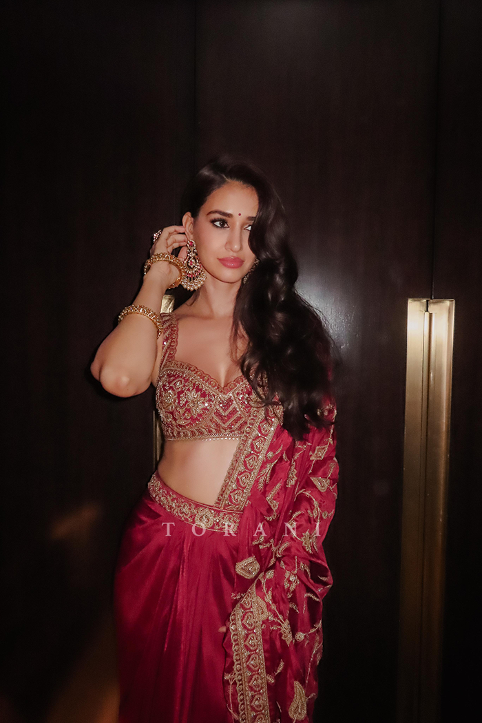 Disha Patani in our Surkh Lasya Saree Set