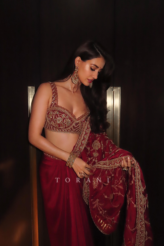 Disha Patani in our Surkh Lasya Saree Set