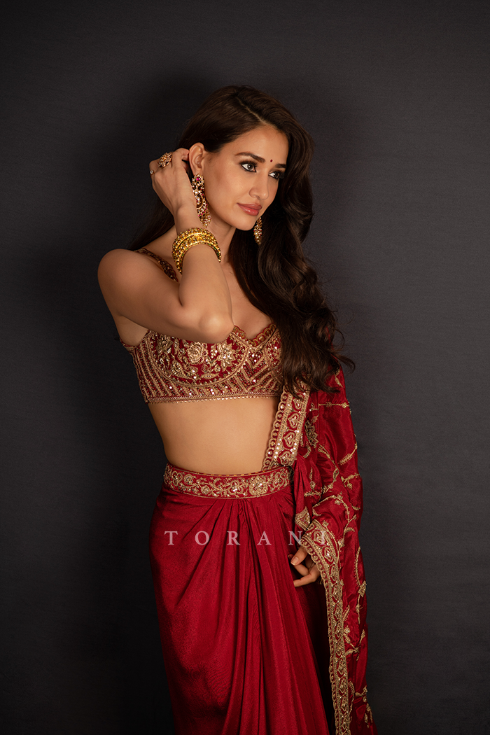 Disha Patani in our Surkh Lasya Saree Set