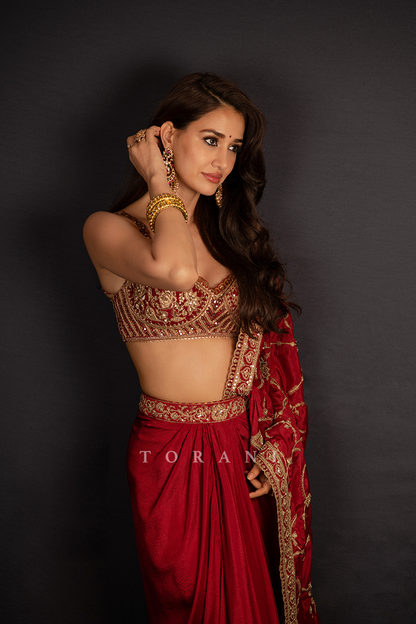 Disha Patani in our Surkh Lasya Saree Set