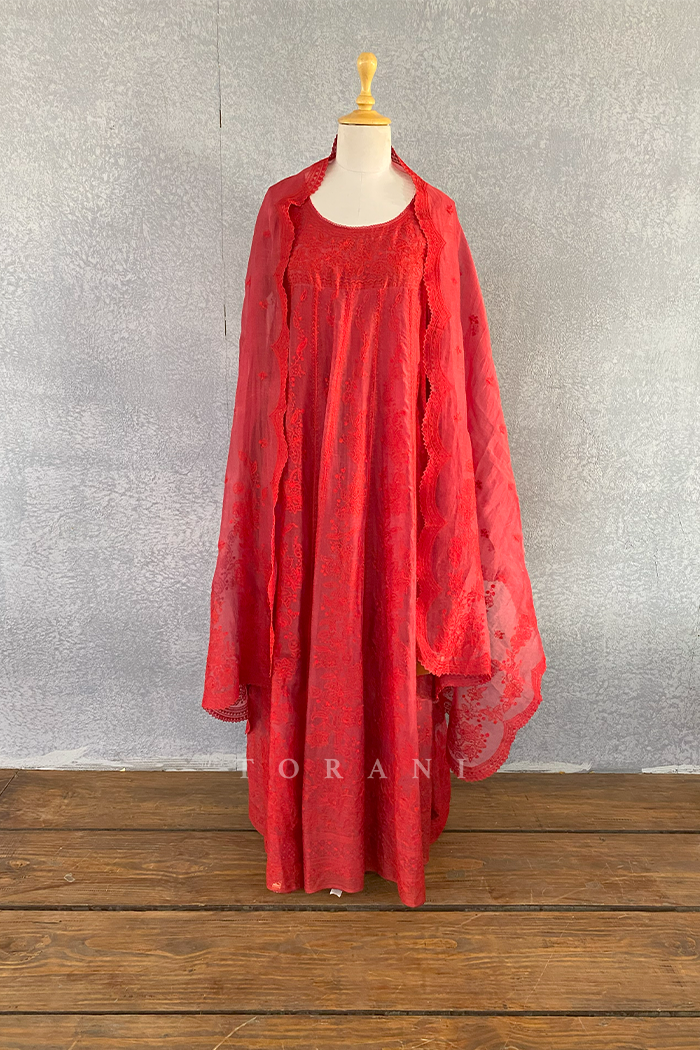 Surkh Sutlej Ghera Anarkali Set / Damaged