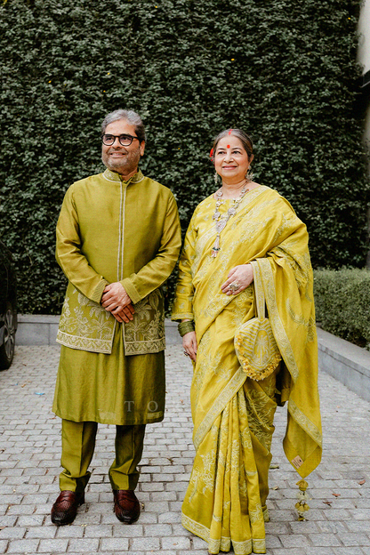Rekha Bhardwaj in our Custom Henna Pankhuri Dea Saree Set