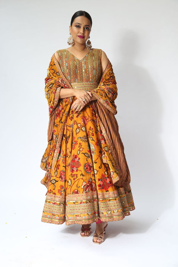 Swara Bhaskar in Mustard silk velvet Anarkali Set