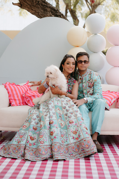 Dhruvi &amp; Shubhankar in our Firoza Dil Nawaz Custom Set