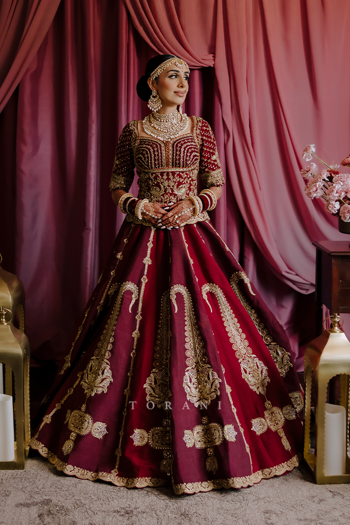Sharlene in our Qarmazi Mazneen Lehenga Set