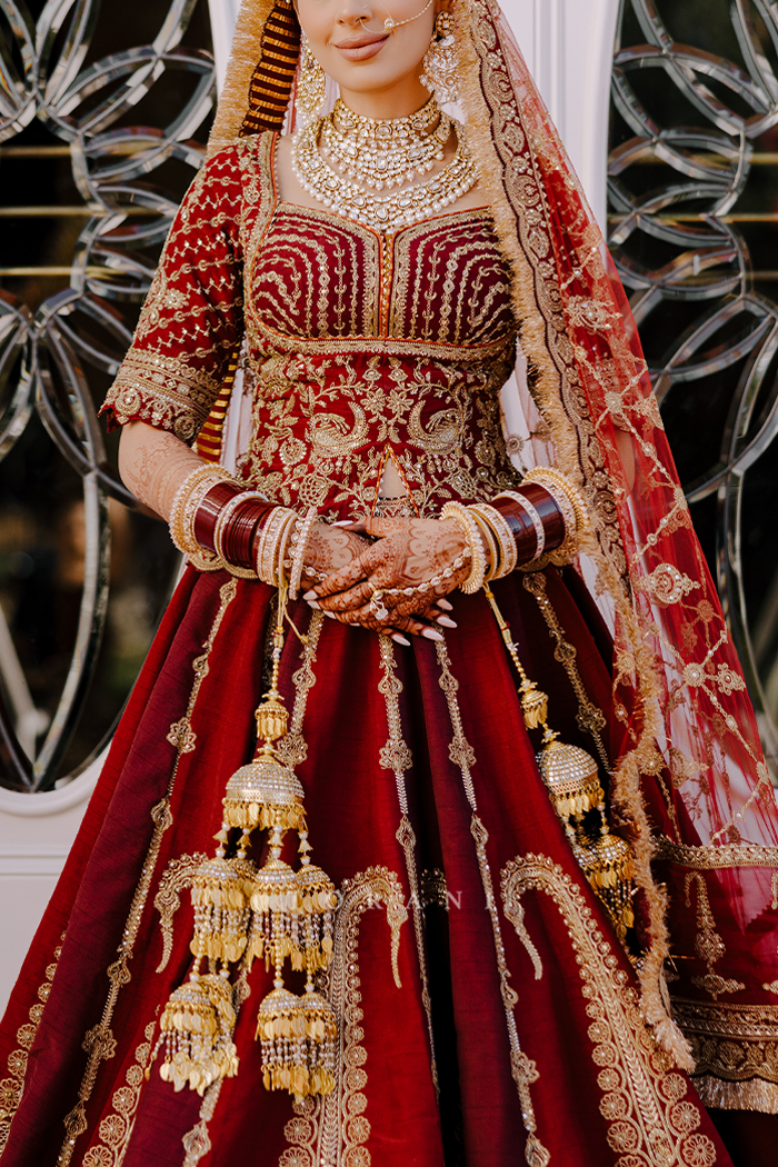 Sharlene in our Qarmazi Mazneen Lehenga Set