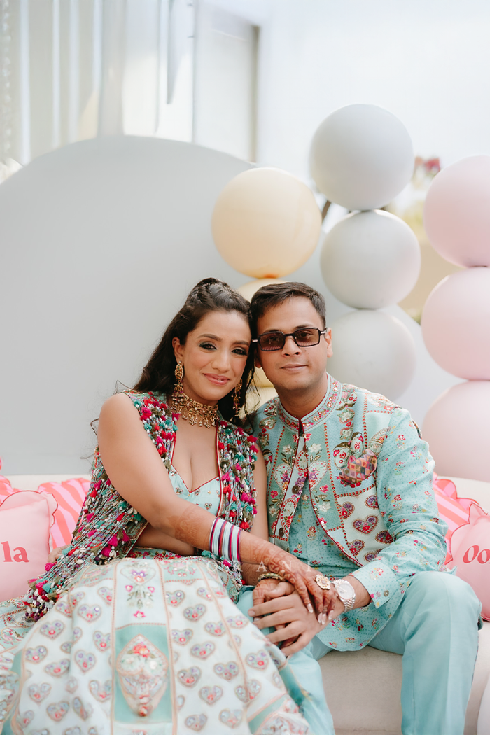 Dhruvi &amp; Shubhankar in our Firoza Dil Nawaz Custom Set
