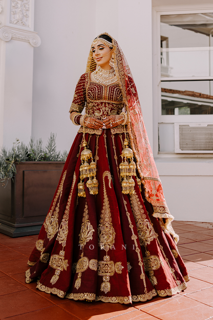 Sharlene in our Qarmazi Mazneen Lehenga Set