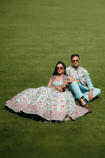 Dhruvi &amp; Shubhankar in our Firoza Dil Nawaz Custom Set