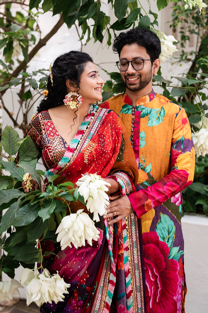 Nikita Bharti in our Dil Rang Nigar Saree and Subhojeet Roy in our Dil Rang Zaki Kurta Set