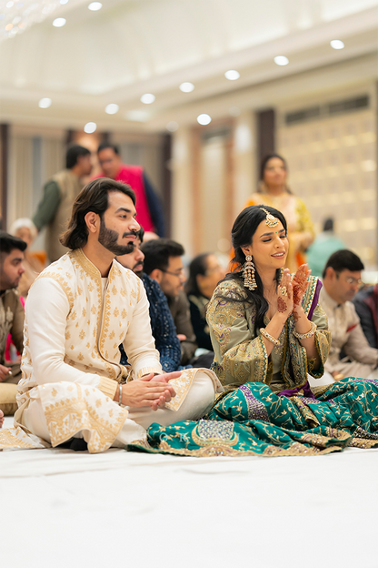 Ashna &amp; Parth in our Custom Sabeena Sharara Set and Mogra Gaurish Kurta Set