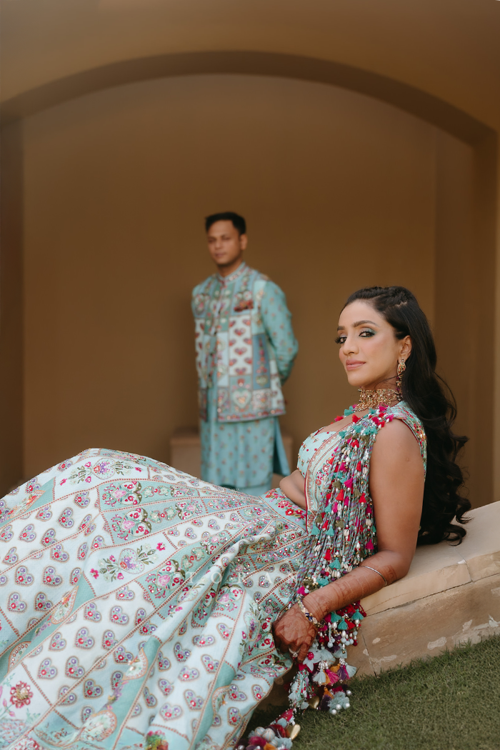 Dhruvi &amp; Shubhankar in our Firoza Dil Nawaz Custom Set