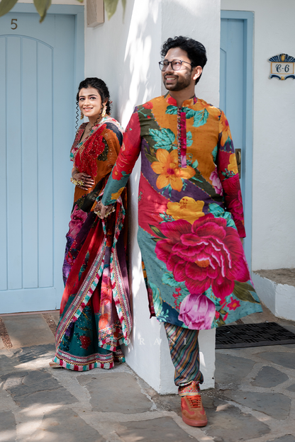 Nikita Bharti in our Dil Rang Nigar Saree and Subhojeet Roy in our Dil Rang Zaki Kurta Set