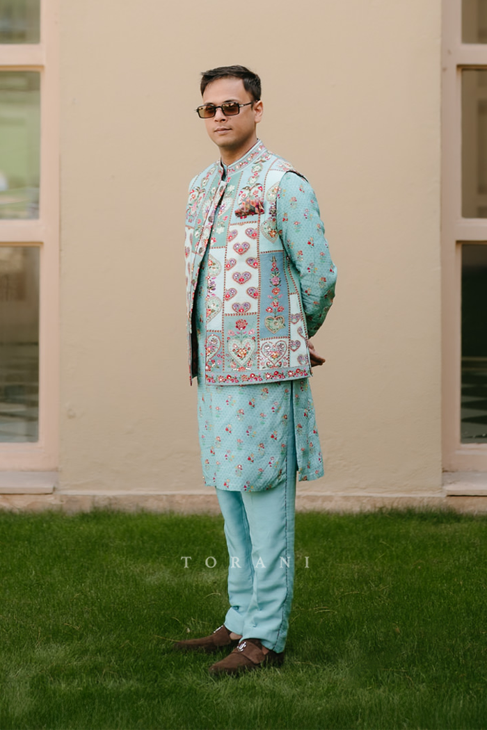 Dhruvi &amp; Shubhankar in our Firoza Dil Nawaz Custom Set