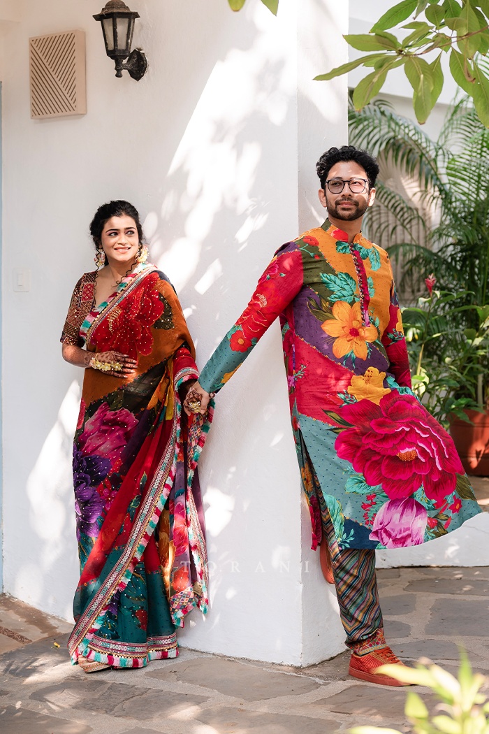 Nikita Bharti in our Dil Rang Nigar Saree and Subhojeet Roy in our Dil Rang Zaki Kurta Set