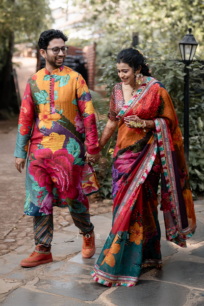 Nikita Bharti in our Dil Rang Nigar Saree and Subhojeet Roy in our Dil Rang Zaki Kurta Set