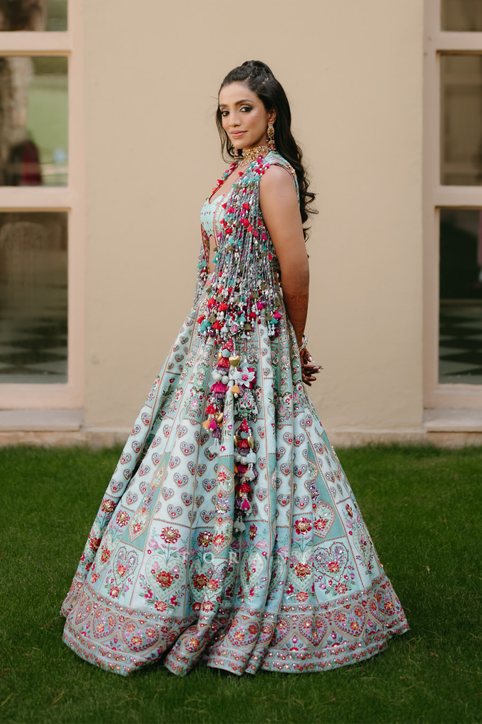 Dhruvi &amp; Shubhankar in our Firoza Dil Nawaz Custom Set