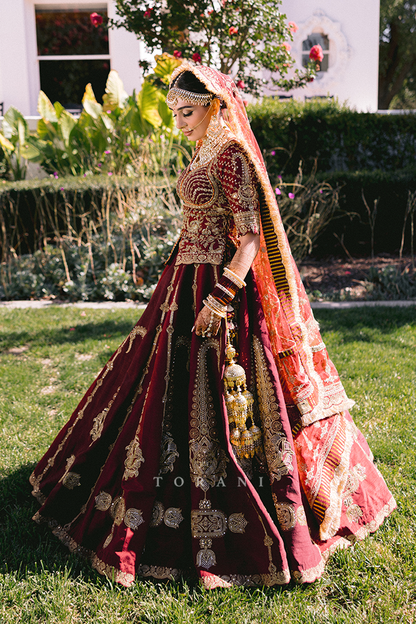 Sharlene in our Qarmazi Mazneen Lehenga Set