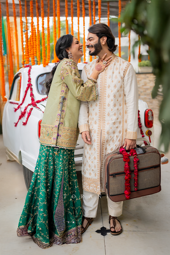 Ashna &amp; Parth in our Custom Sabeena Sharara Set and Mogra Gaurish Kurta Set