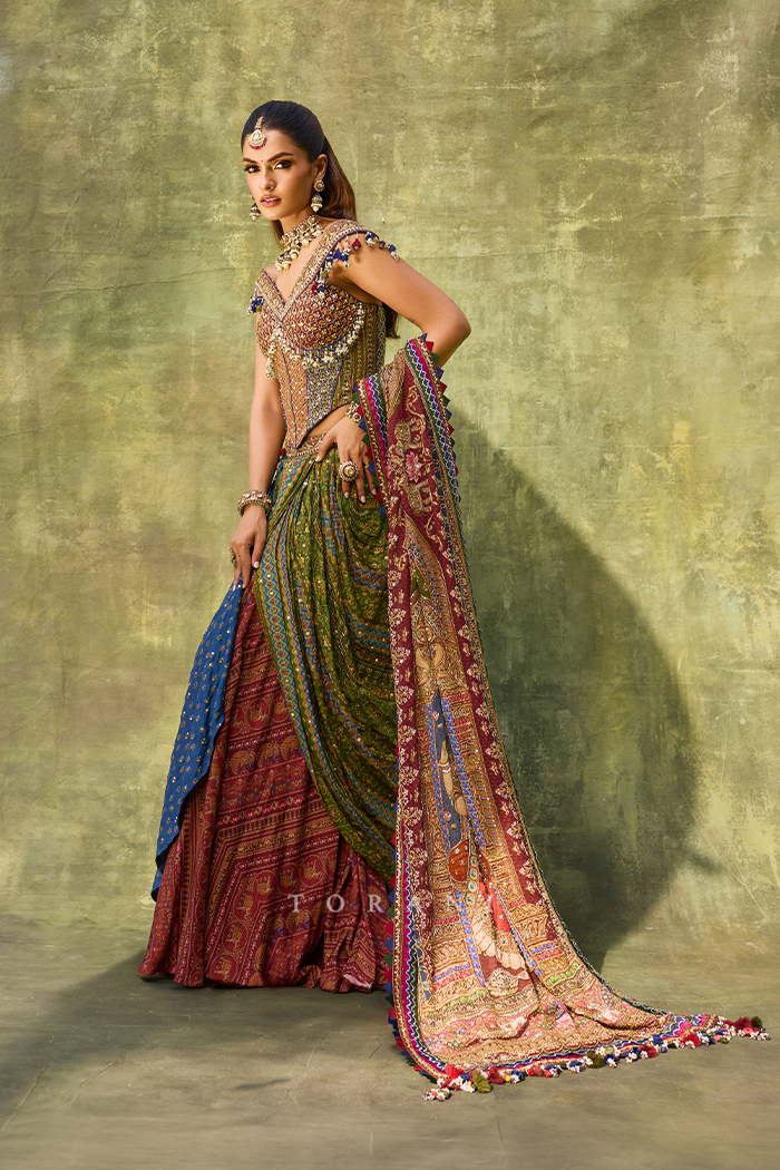 Raunika in our Tanjore Lakshmi Corset Skirt Set