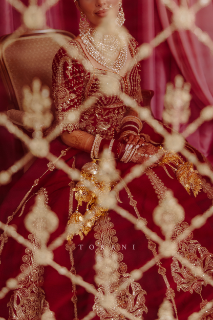 Sharlene in our Qarmazi Mazneen Lehenga Set