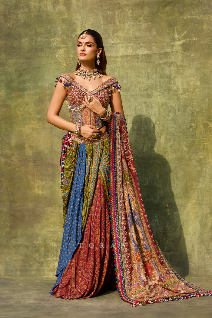 Raunika in our Tanjore Lakshmi Corset Skirt Set
