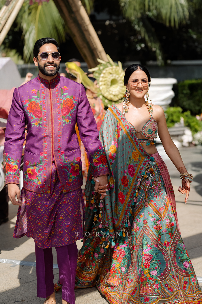 Disha &amp; Parthban in our Dil Nawaz Azmat Lehenga Set and Dil Kusha Arham Jacket Set