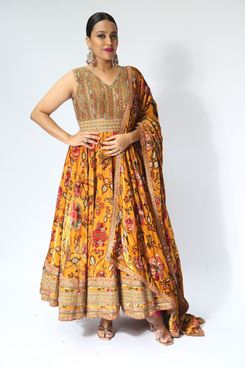 Swara Bhaskar in silk velvet anarkali set from Torani's celebrity closet