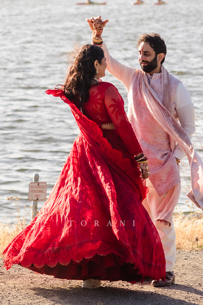 Malvika in our Surkh Indira Pankhuri Lehenga Set