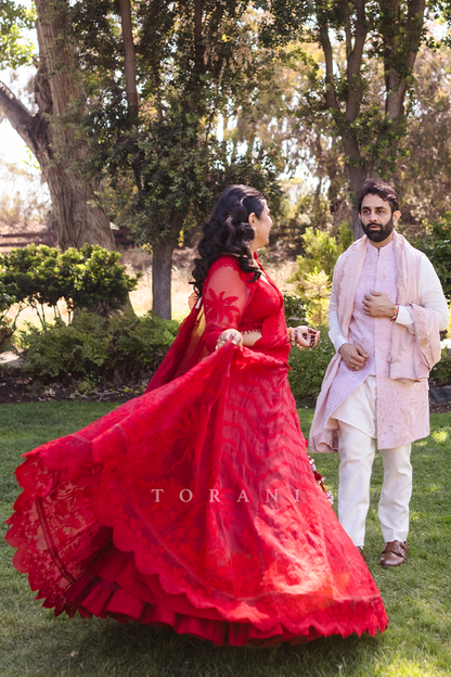 Malvika in our Surkh Indira Pankhuri Lehenga Set