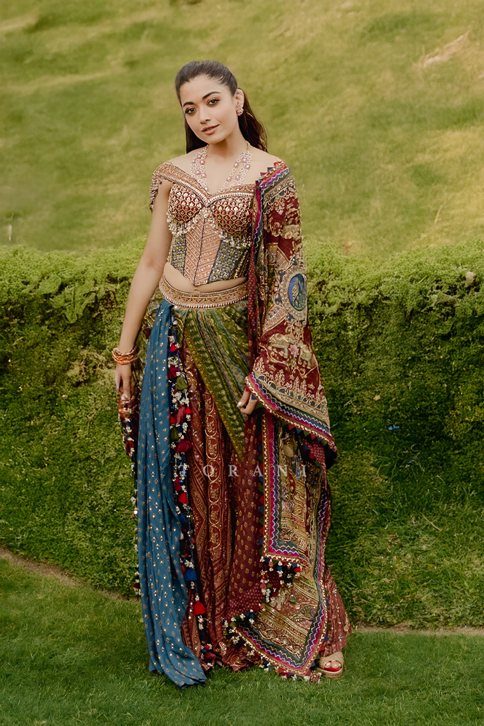 Rashmika Mandanna in our Tanjore Lakshmi Corset Skirt Set