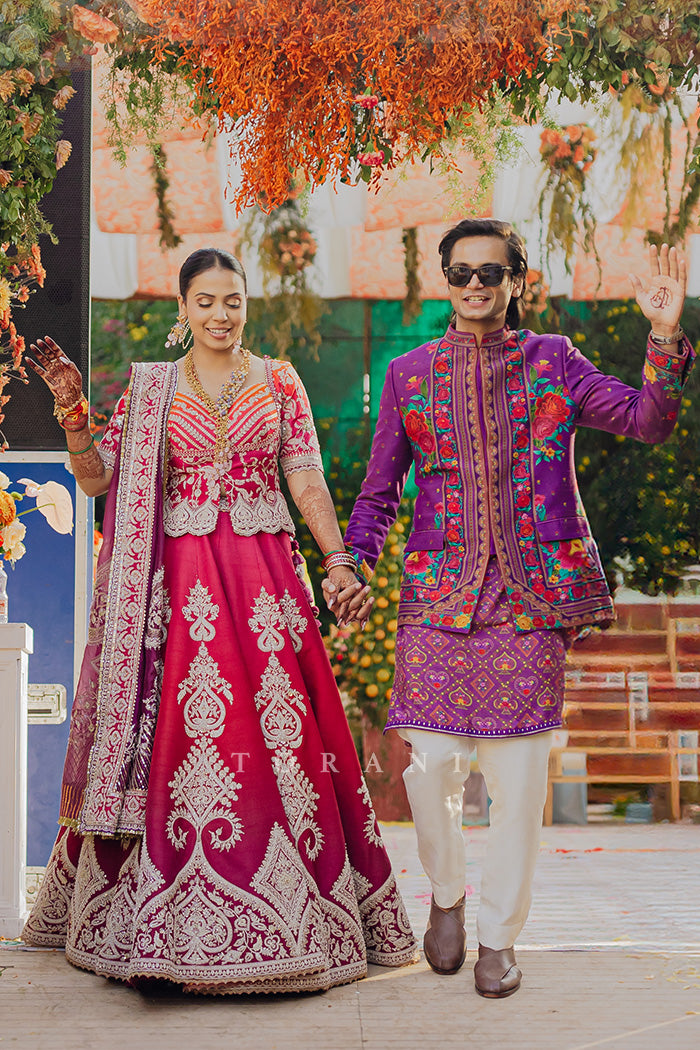 Utkarsha &amp; Pragun in our  Custom Hiral Lehenga Set and  Dil Kusha Arham Jacket Set