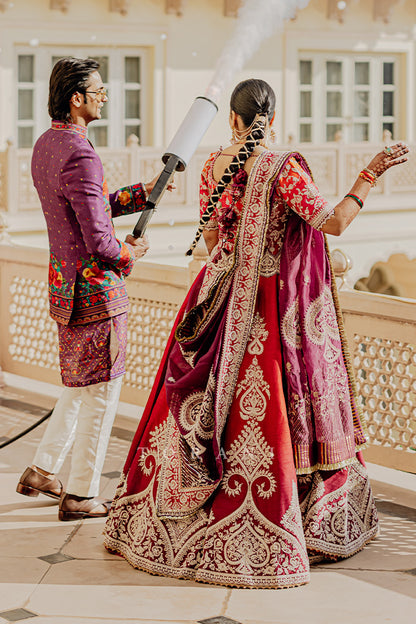 Utkarsha &amp; Pragun in our  Custom Hiral Lehenga Set and  Dil Kusha Arham Jacket Set