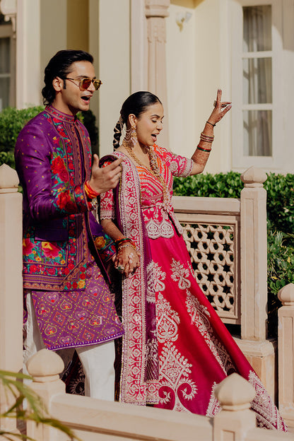 Utkarsha &amp; Pragun in our  Custom Hiral Lehenga Set and  Dil Kusha Arham Jacket Set