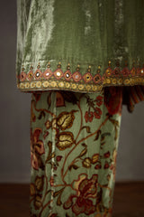 green embroidered velvet kurta with printed pants