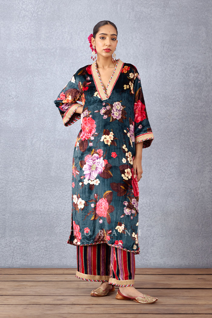 Navy Blue Floral Printed Silk Velvet Kurta Set