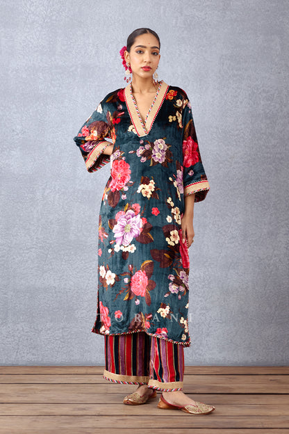 Navy Blue Floral Printed Silk Velvet Kurta Set