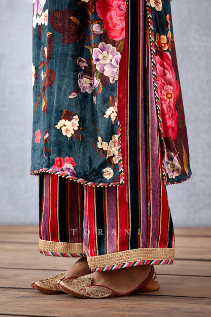 Navy Blue Floral Printed Silk Velvet Kurta Set with wide pants