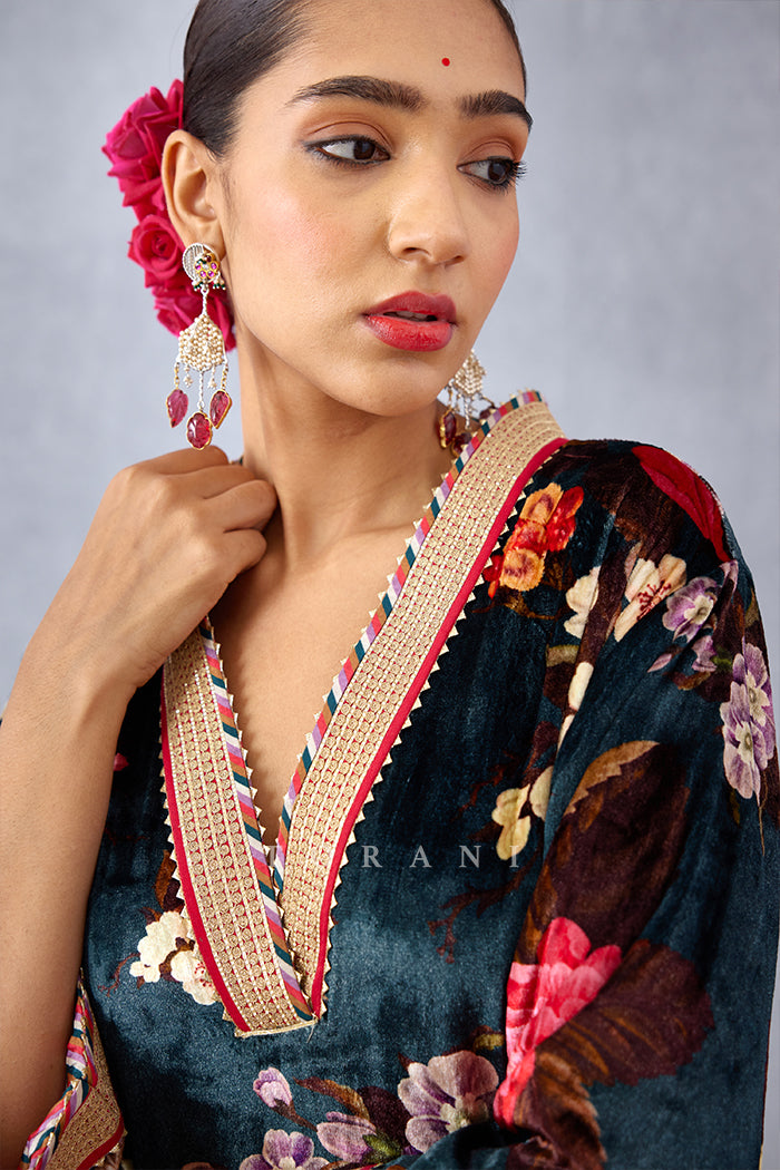 Floral Printed Silk Velvet Kurta Set with V-neck