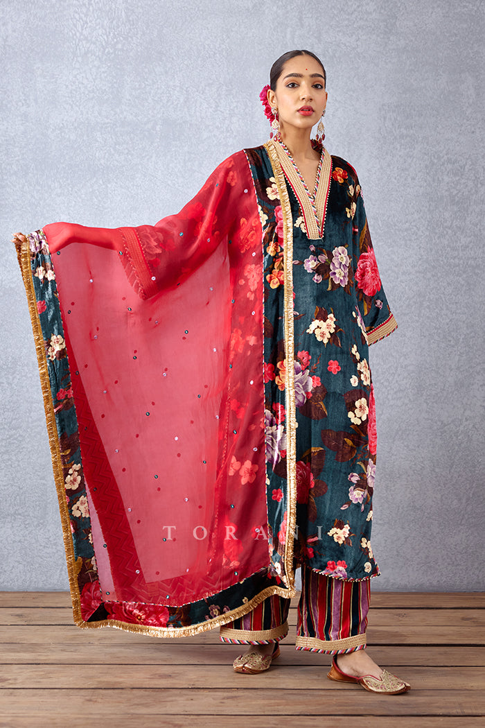 Chintz Printed V-Neck Silk Velvet Kurta Set with Sheer Odhni in Silk Organza