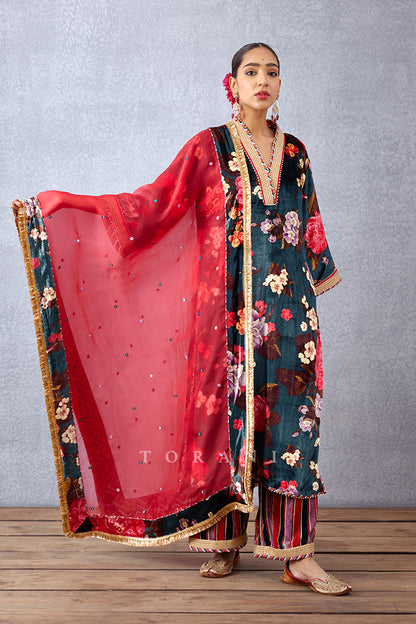 Chintz Printed V-Neck Silk Velvet Kurta Set with Sheer Odhni in Silk Organza
