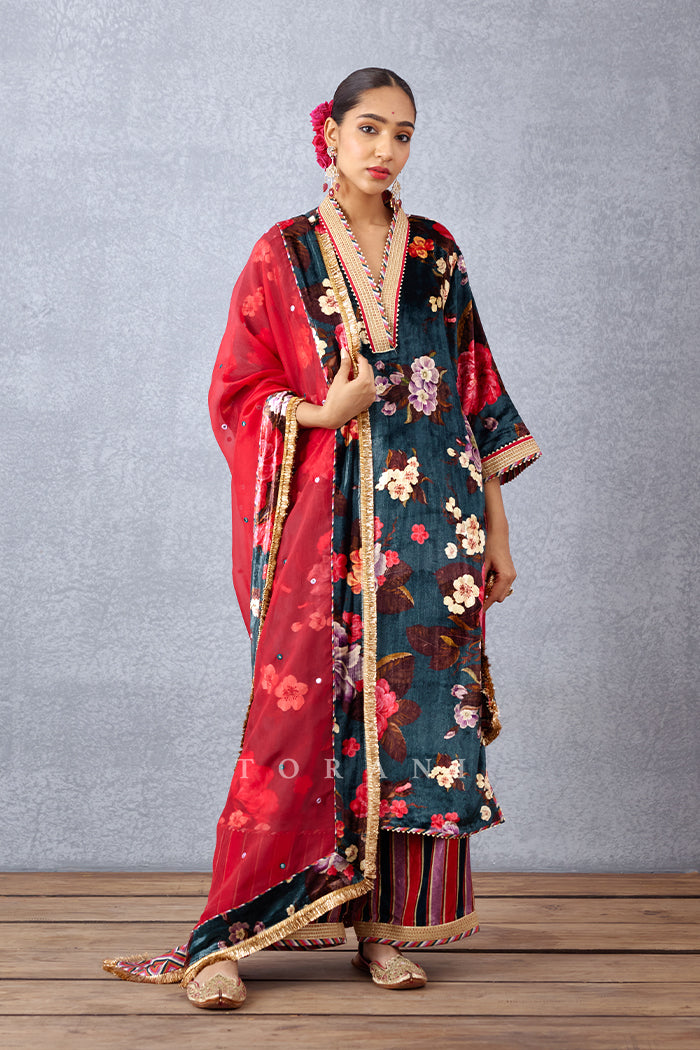 Navy Blue Chintz Printed V-Neck Silk Velvet Kurta Set with Sheer Odhani in Silk Organza