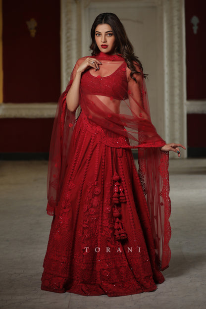 Kajal Aggarwal Kitchlu in our Surkh Mrinal Lehenga Set
