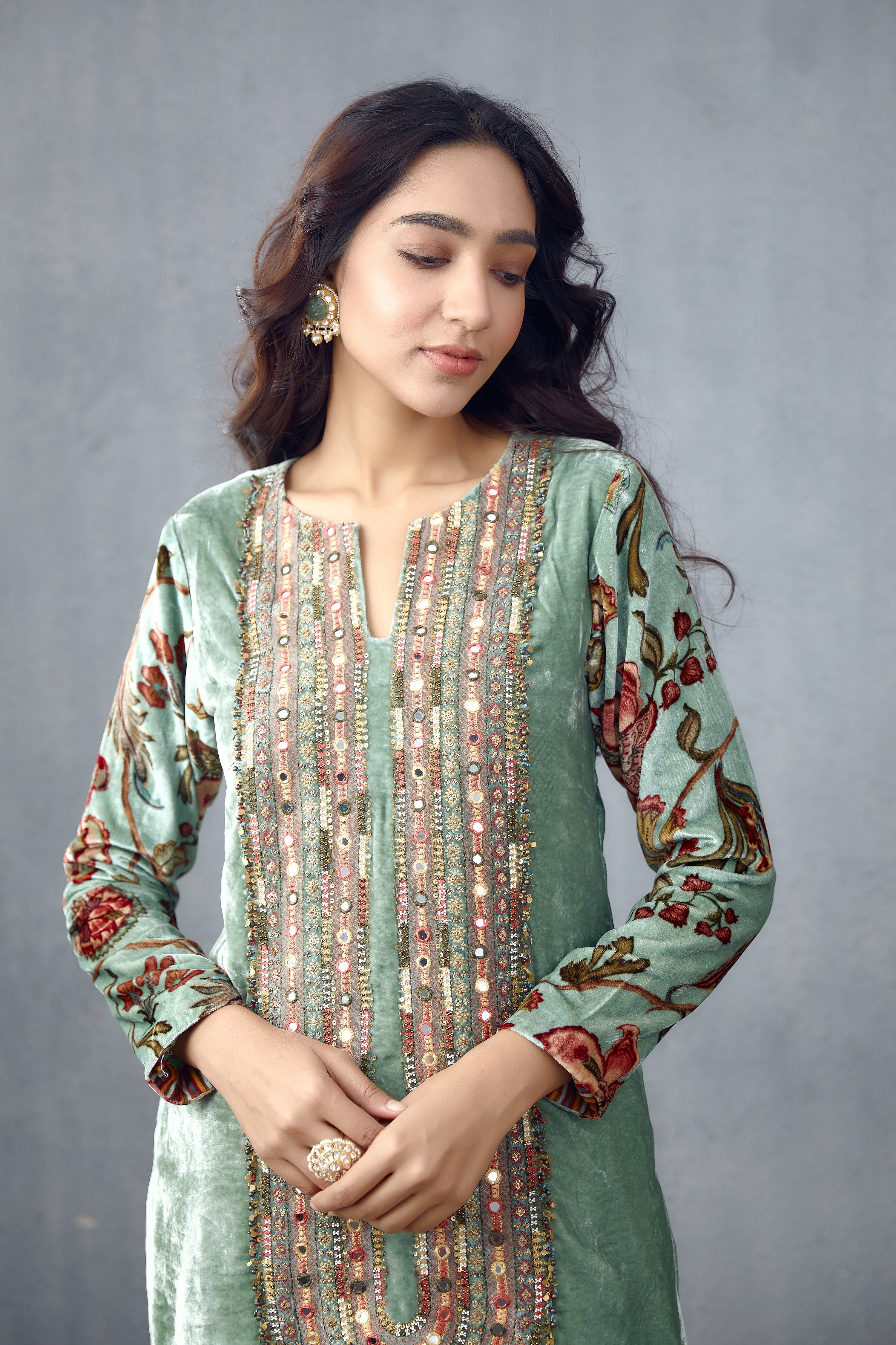 Silk Velvet Kurta set with Hand Embroidery