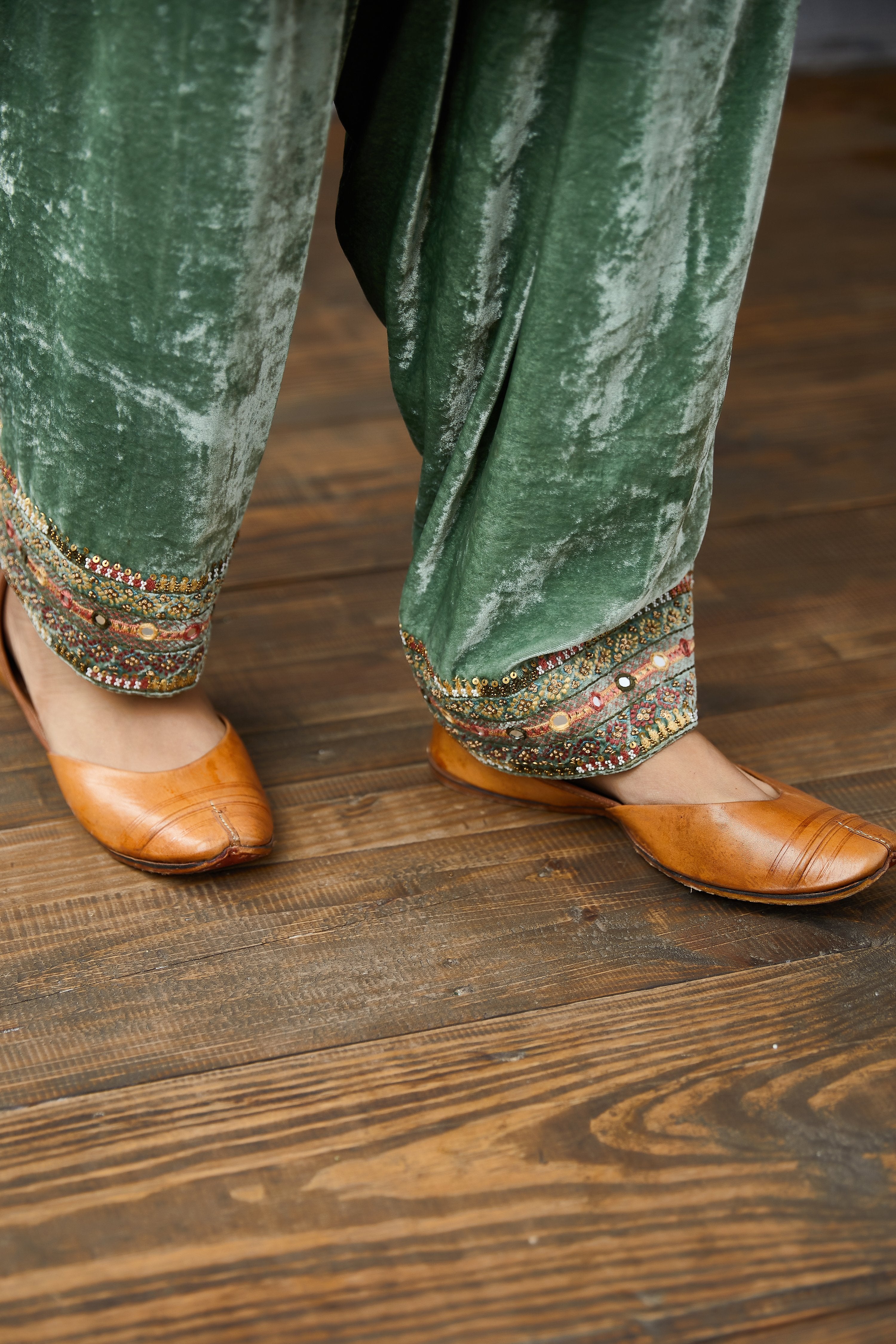 Aqua Silk Velvet Pant with hand embroidery