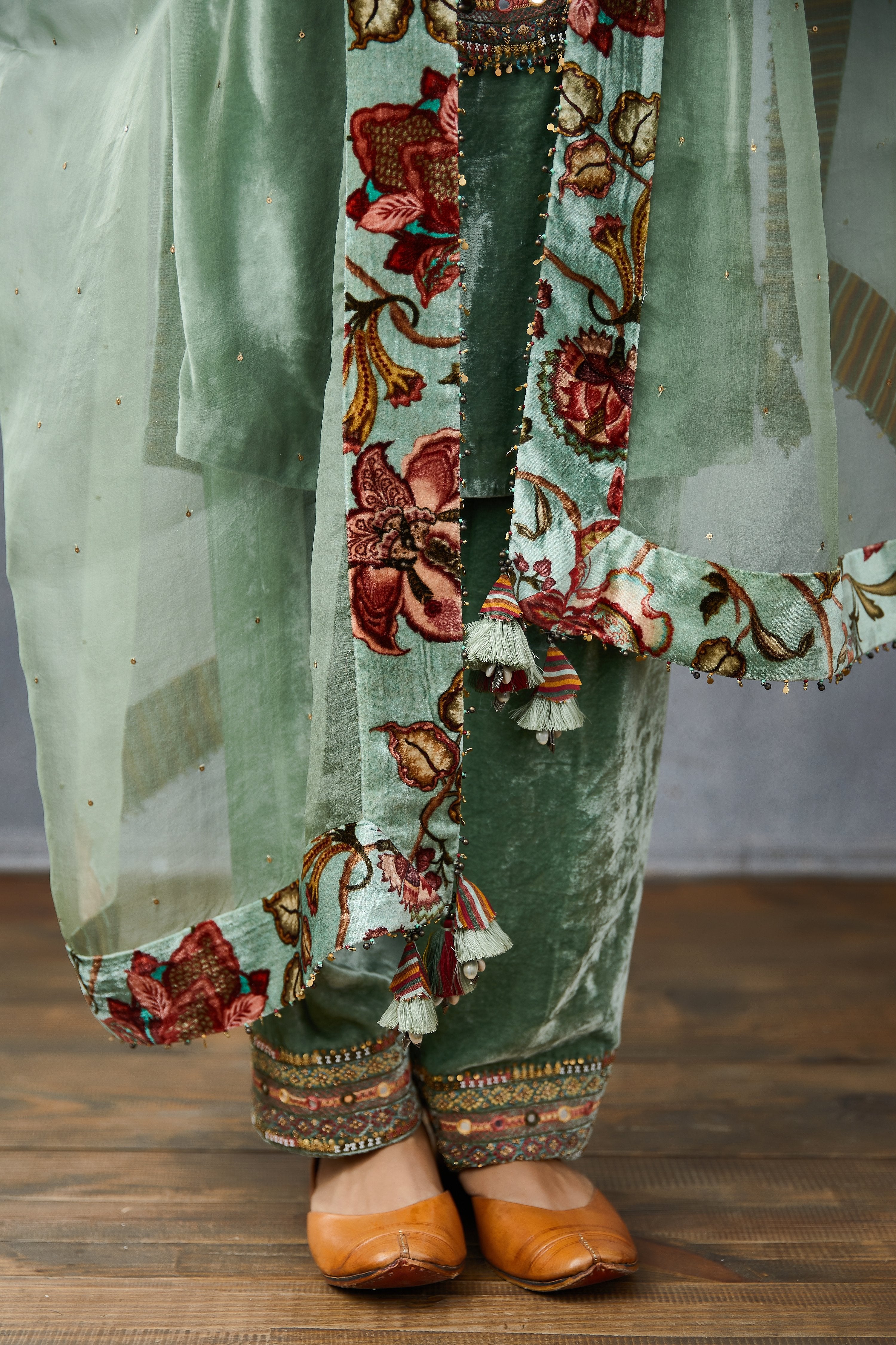 Aqua Silk Velvet Kurta with Pants