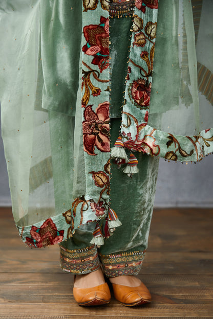 Aqua Silk Velvet Kurta with Pants